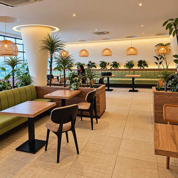 OVF Lounge — Planted dining room at dusk